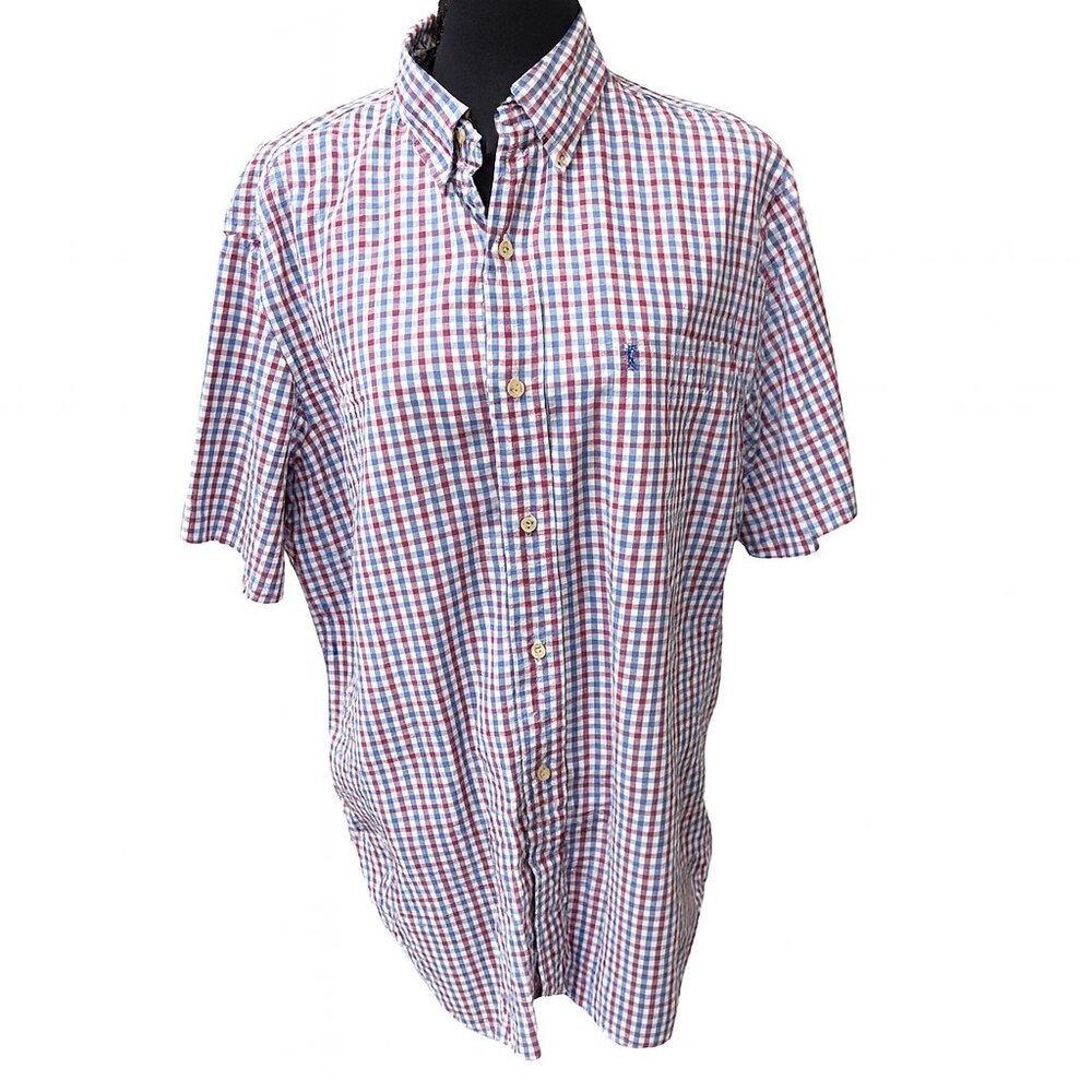 Chaps Men’s Plaid Short Sleeve Easy Care Button-Down Shirt Blue Purple Large